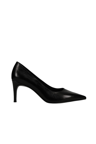Vaneli Debs Heel in Black Ezel leather featuring a pointed toe, classic pump silhouette, and 3-inch covered stiletto heel.