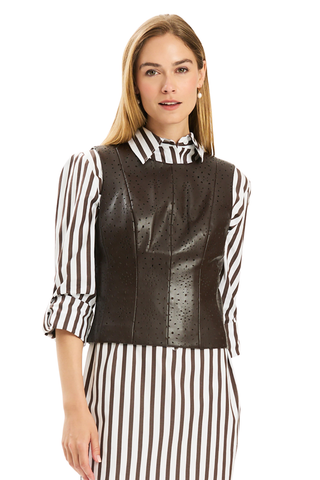 Brown punched vegan leather vest with ribbed knit back and tailored silhouette.