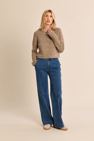 Molly Bracken Knitted Cardigan in camel with long sleeves, round neckline, and button-front closure.