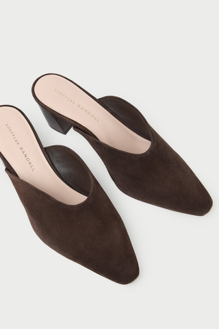 Loeffler Randall Perry Mule in Tmoro brown suede with a pointed toe, kicked 2-inch heel, and slip-on silhouette.