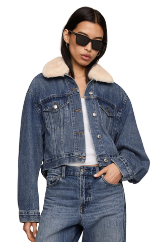 Z Supply Daily Denim Fur Jacket in Hush featuring vintage indigo denim, a cropped silhouette, and removable sherpa collar.