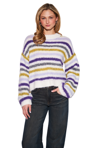 Zoe Sweater in Lavender Haze featuring lavender, cream, and chartreuse stripes with a relaxed crewneck silhouette.