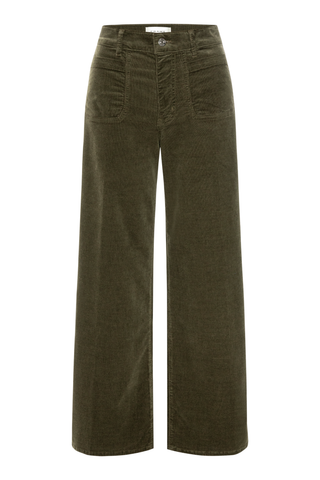 FRAME Le Slim Palazzo Corduroy pants in Rich Military olive featuring a high rise, front patch pockets, and full-length wide-leg silhouette.