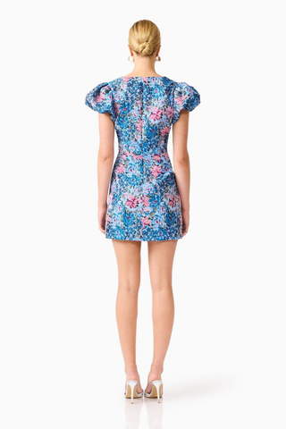 Elliatt Antheris Mini Dress in Blue Multi featuring a vibrant blue and pink floral print, romantic puff sleeves, fitted waist, and flattering mini silhouette.