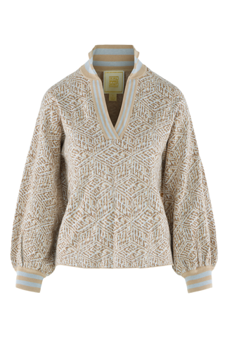 Emily McCarthy Lolli Sweater in Mosaic neutral knit featuring a V-neckline, textured finish, long balloon sleeves, and relaxed silhouette.
