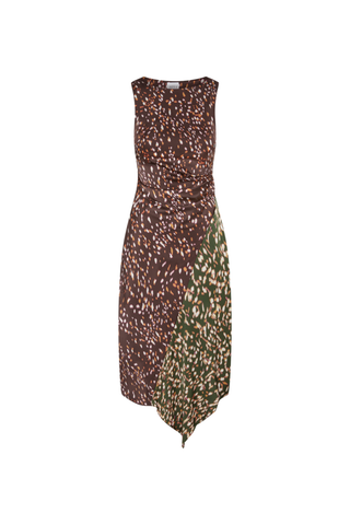Misa Rohan Dress in Firefly Mix featuring contrasting brown and green printed satin with a sleeveless silhouette and asymmetrical midi hem.