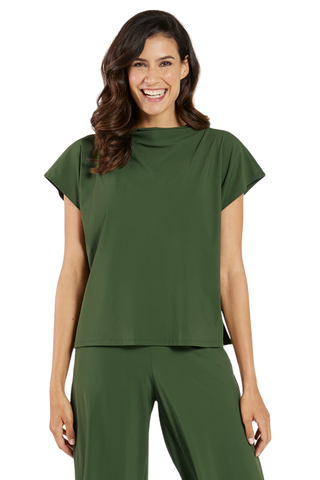 Model wearing the Jude Connally Tillie Top in Loden with a relaxed silhouette and cap sleeves.