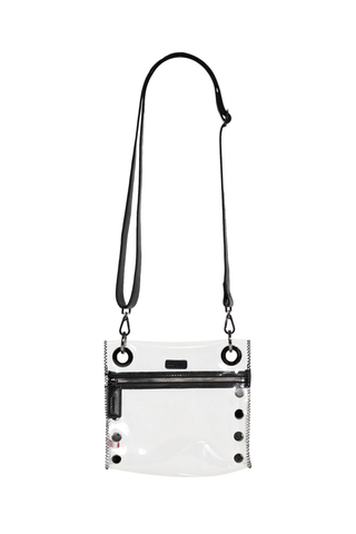 Hammitt Tony Small Clear Crossbody in Black/Gunmetal featuring clear TPU construction, leather trim, and gunmetal hardware.