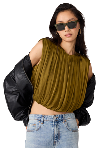 Steve Madden Milana Top in Fir Green, a sleeveless olive green blouse with gathered detailing and a relaxed silhouette.