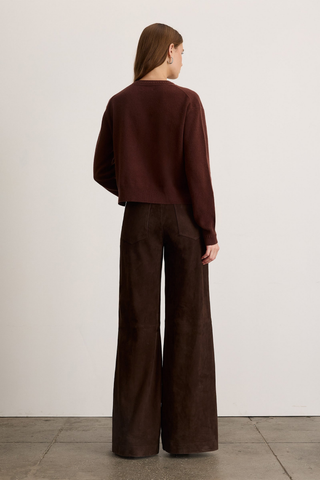 Tanya Taylor Lexia Cashmere Sweater in Deep Redwood featuring a classic crew neckline, long sleeves, and rich dark brown-red color.