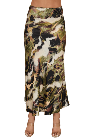 Milio Milano Watercolor Maxi Skirt in Green/Brown featuring an abstract green, brown, cream, and black print.