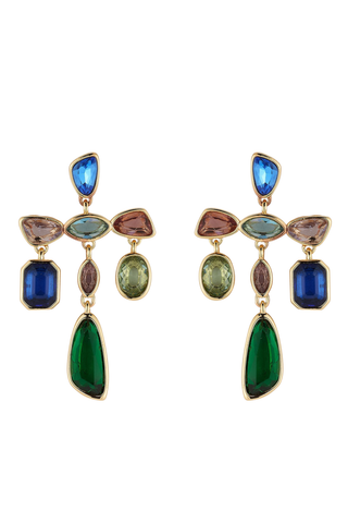 Mignonne Gavigan Riva Earrings in Multi featuring an artistic arrangement of blue, green, and neutral faceted glass gemstones in a gold-plated statement silhouette.