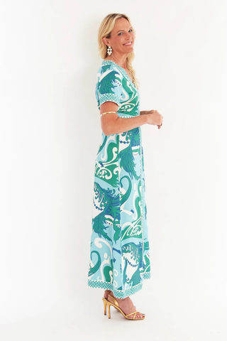 C.K. Bradley Leland maxi dress in blue and green Nouveau Robbins Egg print with short sleeves and front slit