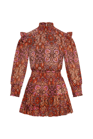 Misa Gianna Dress in Boheme Mix featuring a vibrant red and pink bohemian print, high smocked neckline, long blouson sleeves, and tiered ruffle mini skirt.
