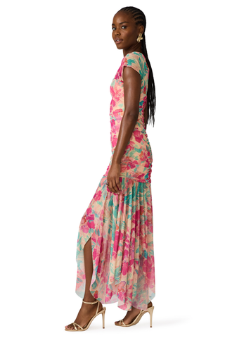 Pink and green tropical floral sheath dress with cap sleeves and ruched bodice by Steve Madden
