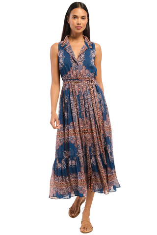 Blue printed chiffon midi dress with ruffle trim, button front, and tie waist.