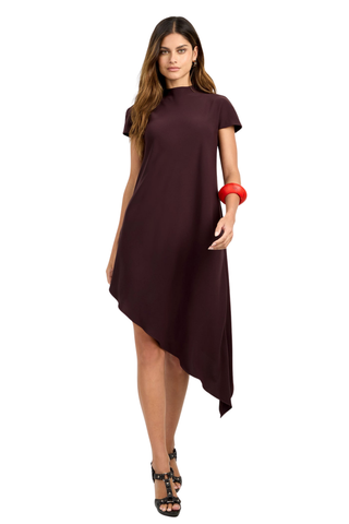 Trina Turk Shana 2 Dress in Cioccolato featuring a high neckline, short sleeves, and flowing asymmetrical midi hem.