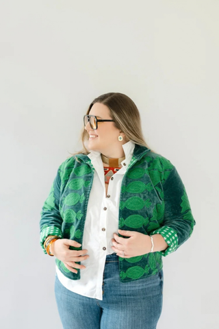 Eleanor James Brand Sgt. Pepper Crew Jacket in Green Onions featuring rich blue velvet with tonal hand-finished Suzani embroidery.