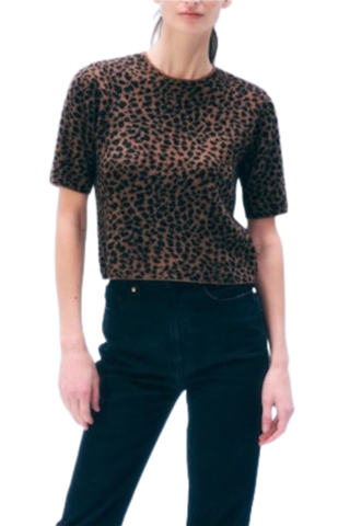 White + Warren Cashmere Leopard Print Tee in Cedarwood and Black featuring a crew neckline, short sleeves, and allover leopard print.