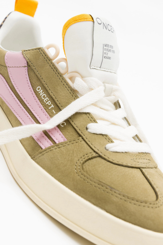 ONCEPT Fez Sneaker in Khaki featuring an earthy khaki upper with pink and neutral accents, lace-up design, and lightweight sole.