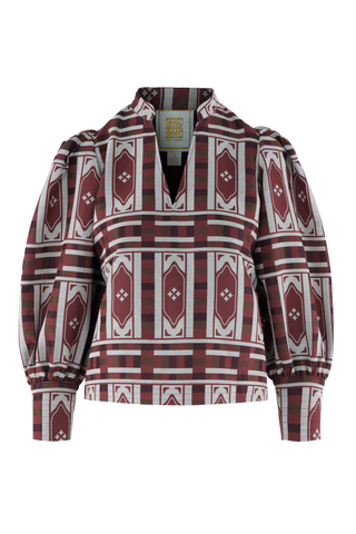 Emily McCarthy Hampton Top in Duomo featuring a geometric brown jacquard print, mandarin collar, and voluminous sleeves.