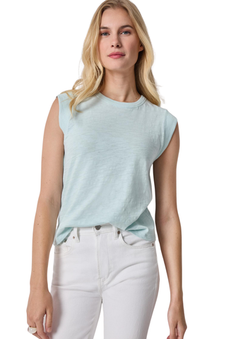 Model wearing the Lilla P Cap Sleeve Crew Tee in Seabreeze featuring soft slub cotton fabric, a classic crew neckline, cap sleeves, and a relaxed fit paired with white denim jeans