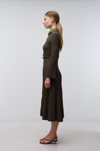 Dark olive collared midi dress with long sleeves and a pleated skirt.