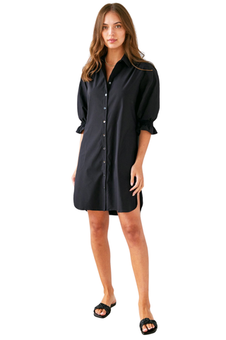 Finley Miller Dress in Black featuring a button-down front, spread collar, puff sleeves, smocked cuffs, and knee-length shirttail hem.