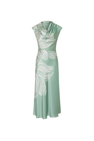 Rebecca Vallance Lalisa Midi Dress in sage floral silk with cowl neckline and bias cut midi skirt