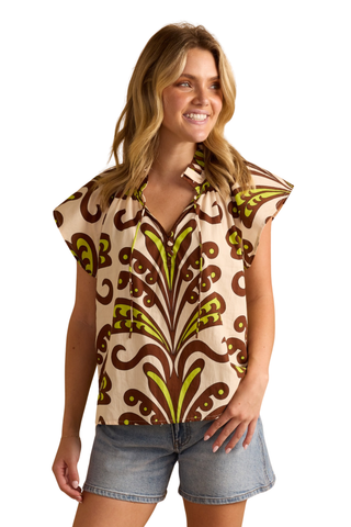 Double A Em top in ornament print with cap sleeves and relaxed fit