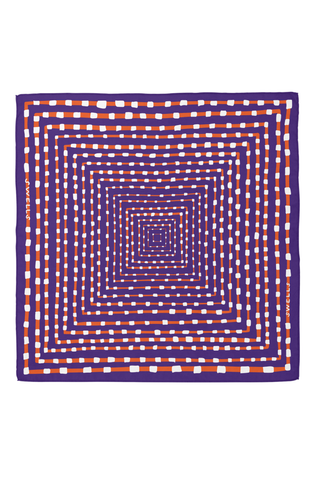 Swells Purple + Orange 26-inch silk scarf featuring a bold geometric print in purple, orange, and coordinating tones.
