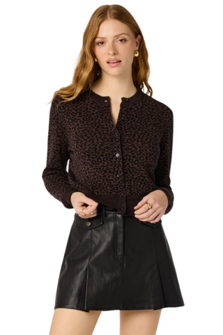 ASTR Nikki Cardigan in Espresso Leopard featuring a brown leopard print, round neckline, button front, and long sleeves.