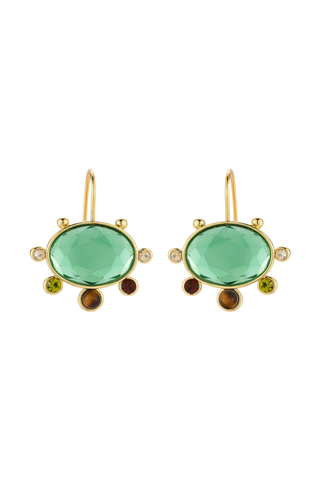 Mignonne Gavigan Serra Earrings in Green Multi featuring oval green stones with small brown and crystal accents in gold-tone settings.