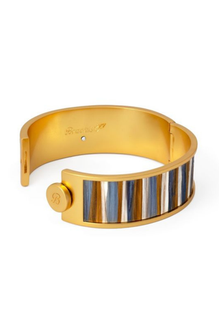 Brackish Alyssa Hinge Cuff featuring layered natural feathers and a matte gold-plated hinged bracelet design.