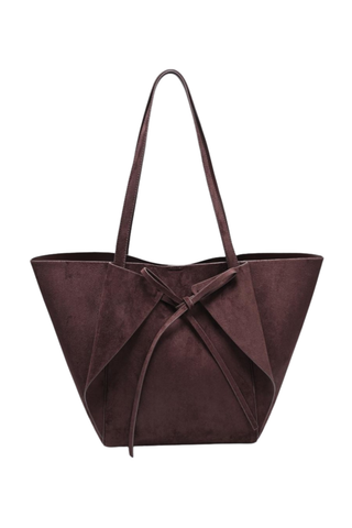 Urban Expressions Soren Tote in Chocolate brown vegan suede with long shoulder straps, bow-front detail, and matching zip pouch.