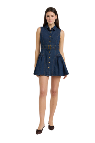 En Saison Paige Mini Belt Dress in Indigo featuring a sleeveless collared button-front silhouette, coordinating waist belt, and flared mini skirt.
