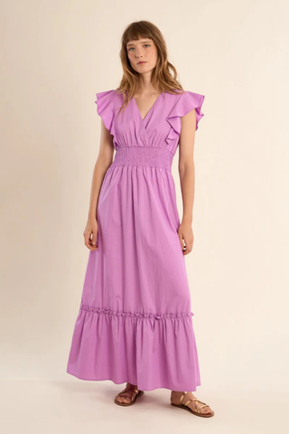 Molly Bracken lilac midi dress with ruffle sleeves and tiered skirt