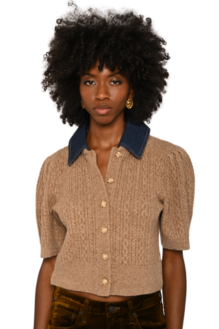 Love the Label Lane Cardigan in Cedar featuring a textured brown knit, dark contrast collar, button front, and short puff sleeves.