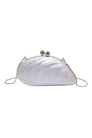 Urban Expressions Robyn Evening Bag in Ivory featuring a pearlescent marbled acrylic half-moon silhouette, gold-tone kiss-lock clasp, and detachable chain strap.