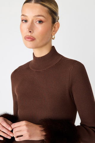 Steve Madden Riello Dress in Dark Espresso brown featuring a fitted ribbed mini silhouette, mock neckline, long sleeves, and faux-fur cuffs.