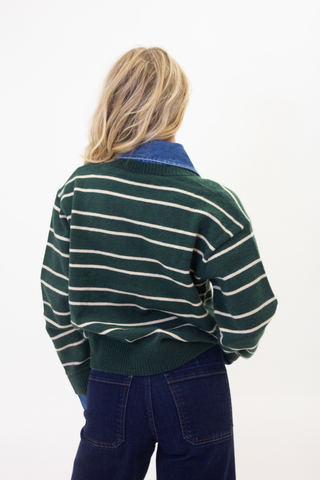 Karlie Stripe Varsity Denim Collar Sweater in Green featuring white stripes, a contrasting denim collar, and a relaxed fit.