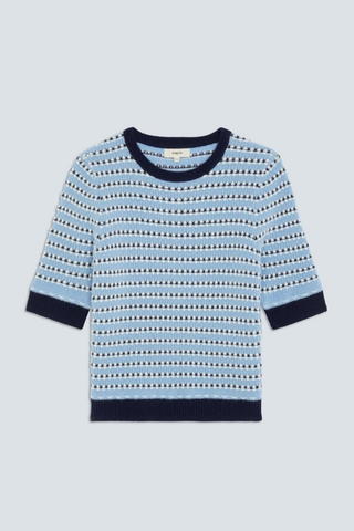 Suncoo Perly Sweater in Blue Ciel featuring a blue open-knit striped design, short sleeves, and contrast navy trim.