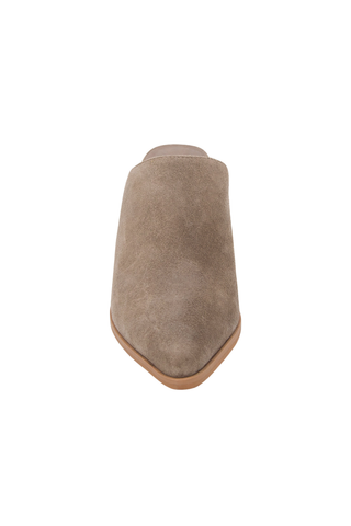 Toffee suede pointed-toe mule with a stacked 3-inch block heel.