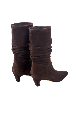 Marc Fisher LTD Dalores Slouch Bootie in dark brown suede featuring a gathered slouchy shaft, pointed snip toe, and low kitten heel.