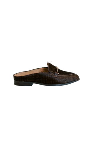 Softwaves Janet Loafer Mule in Choco Zebrino chocolate brown with textured finish, loafer detailing, and backless silhouette.
