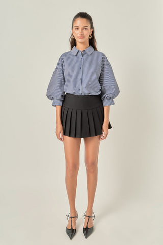 English Factory Striped Balloon Sleeve Shirt in navy featuring a button front, collar, and oversized short sleeves.