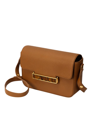Brackish Oxford Crossbody Bag in Tan Quail with vegetable-tanned leather, layered feather hardware detail, adjustable shoulder strap, and structured crossbody silhouette