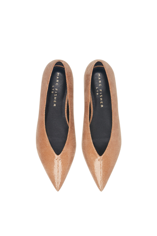 Marc Fisher Casee Flat in Tan featuring a pointed toe, leather upper, and elegant V-cut topline.