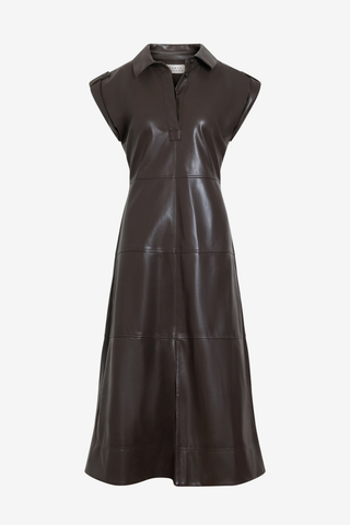 Tanya Taylor Shivi Dress in Dark Fig featuring a dark coated midi silhouette with a collared neckline, cuffed sleeves, and tiered skirt.