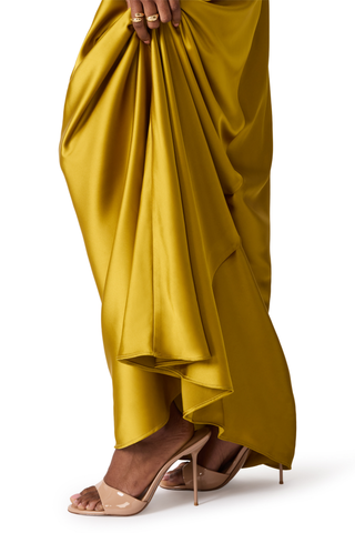Steve Madden Elaia Dress in Oilspill featuring a strapless satin maxi silhouette with a statement back tie detail.